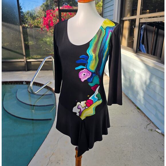 Eva Varro Stretch Scoop Neck Abstract Art Asymmetric Blouse Size S - Picture 1 of 10